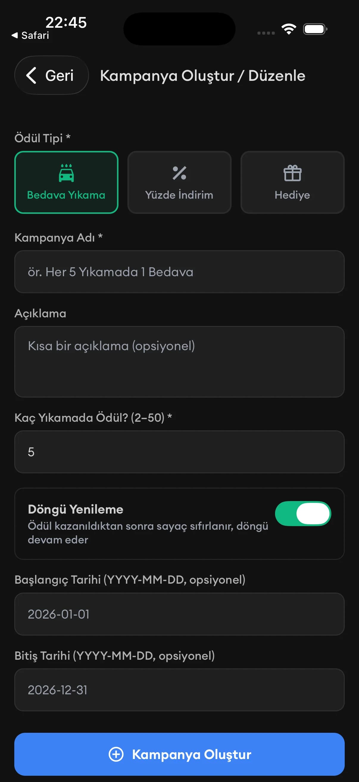 Kampanya oluştur / düzenle ekranı