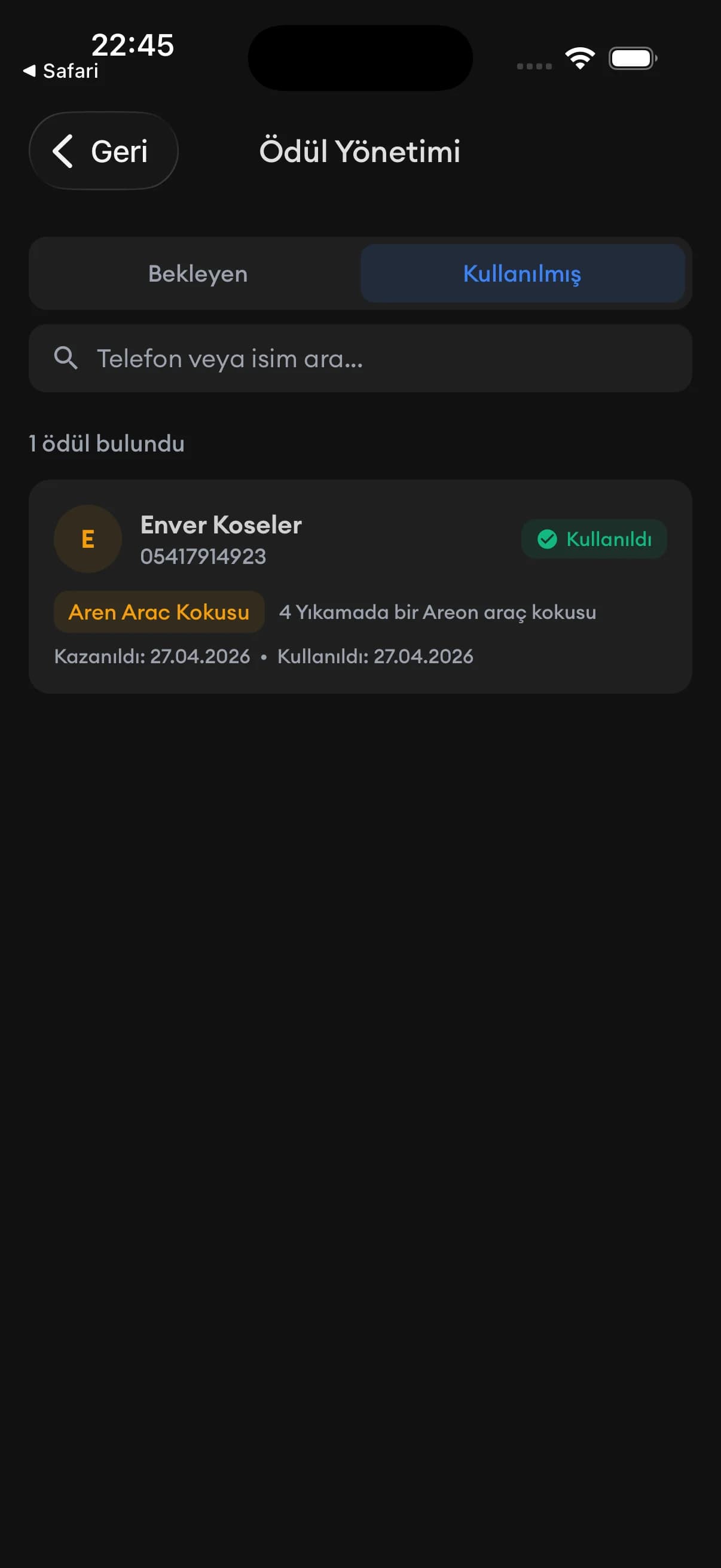Ödül yönetimi ekranı