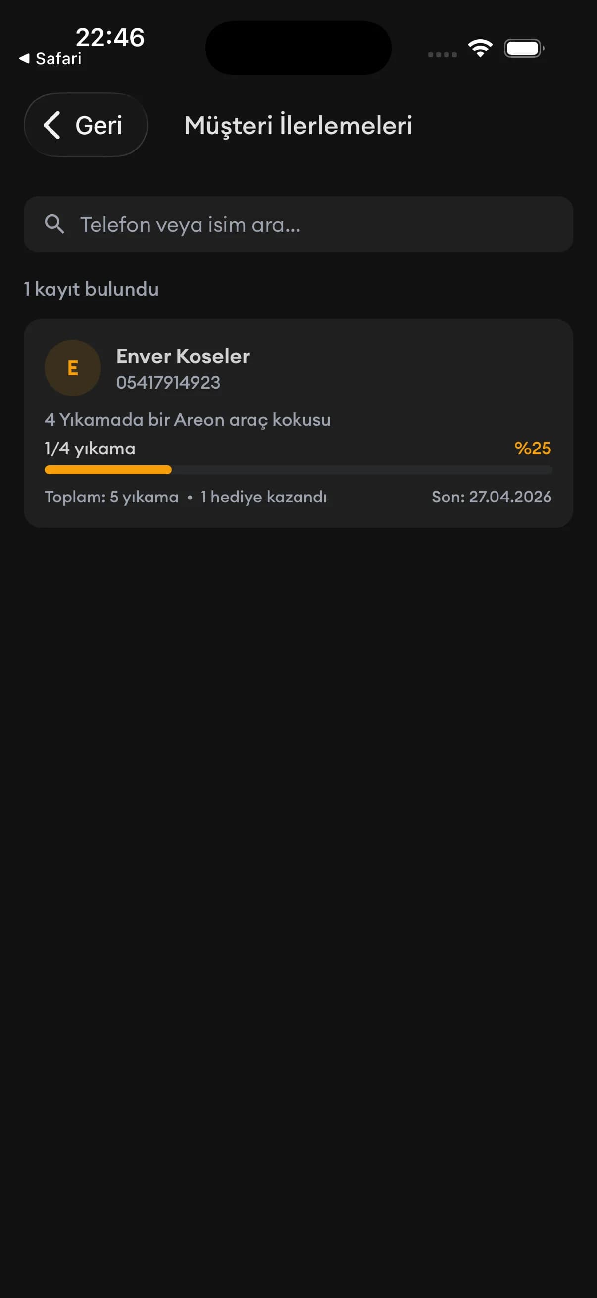 Müşteri ilerlemeleri ekranı